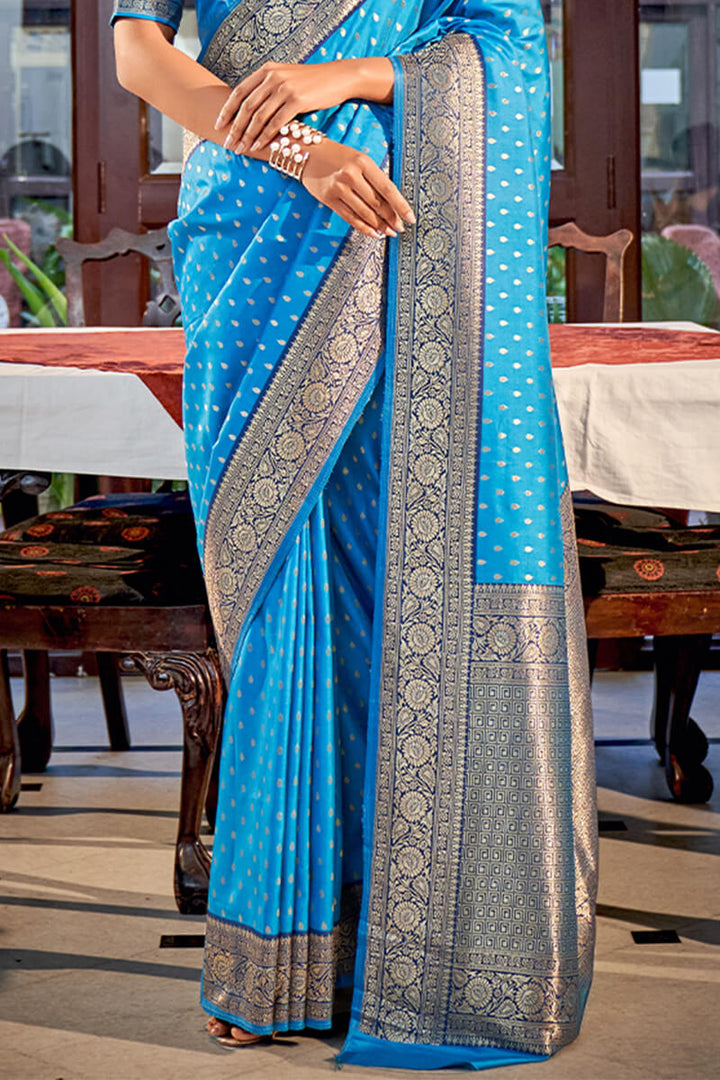 Picton Blue Zari Woven Banarasi Silk Saree