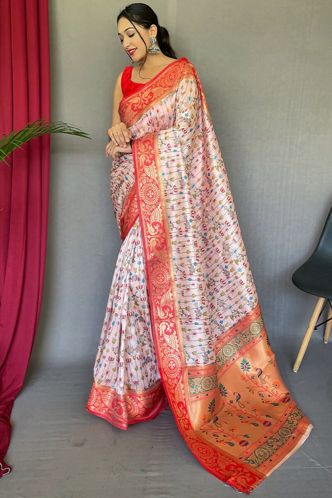 Pig Pink Kalamkari Printed Silk Saree