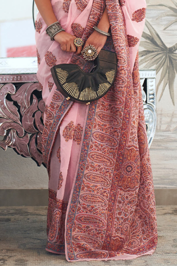 Pig Pink Kashmiri Modal Pashmina Silk Saree
