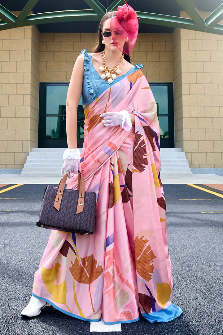 Pig Pink Printed Satin Crepe Silk Saree