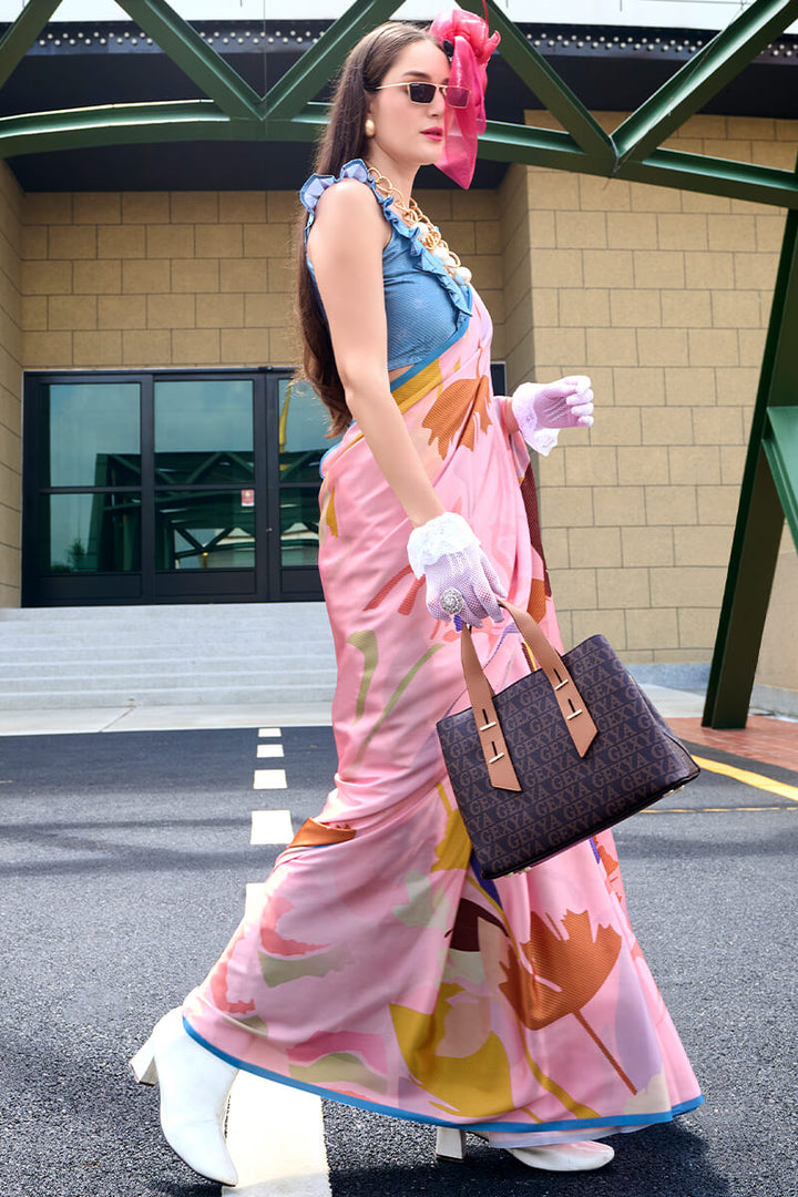 Pig Pink Printed Satin Crepe Silk Saree