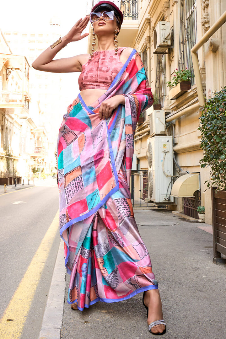 Pig Pink Printed Satin Georgette Silk Saree