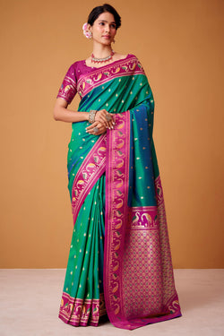 Pine Green Banarasi Soft Satin Silk Saree