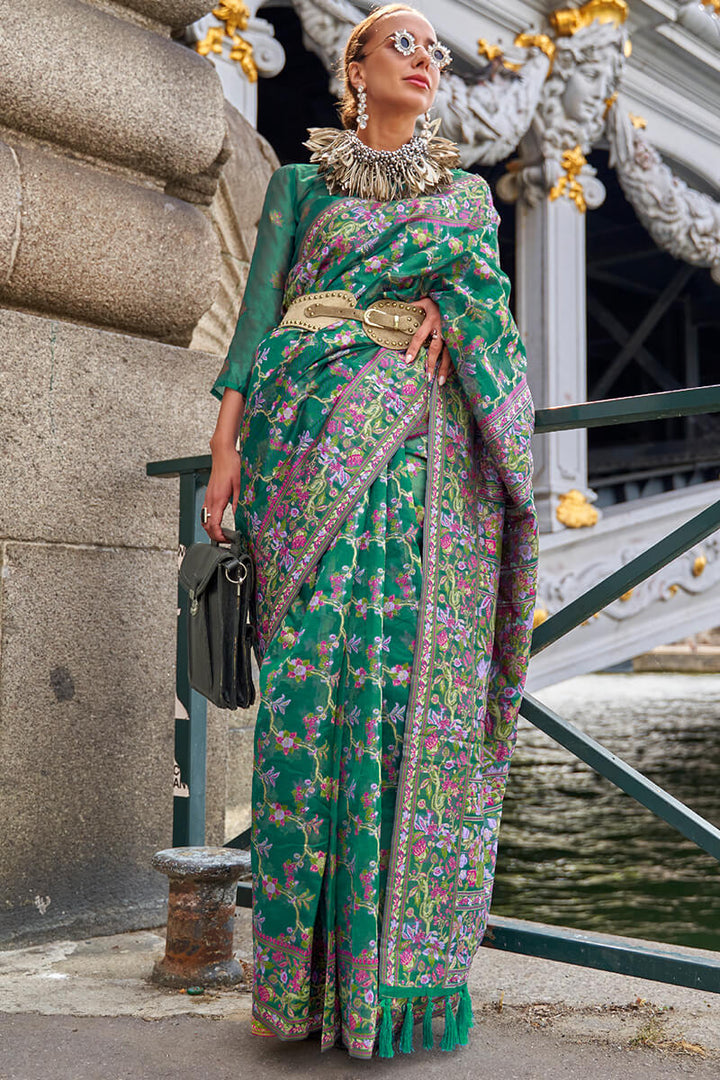 Pine Green Kashmiri Weaving Organza Silk Saree