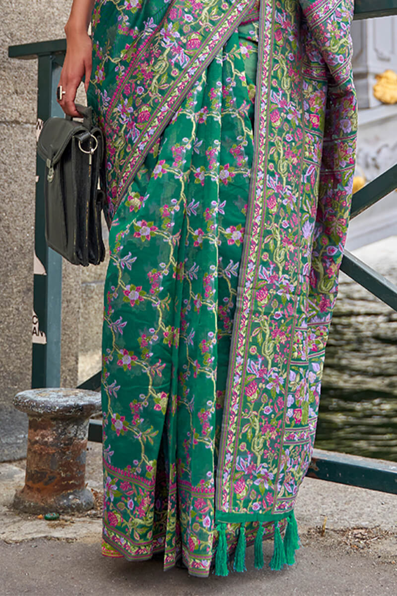 Pine Green Kashmiri Weaving Organza Silk Saree