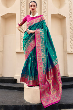 Pine Green Soft Banarasi Silk Saree