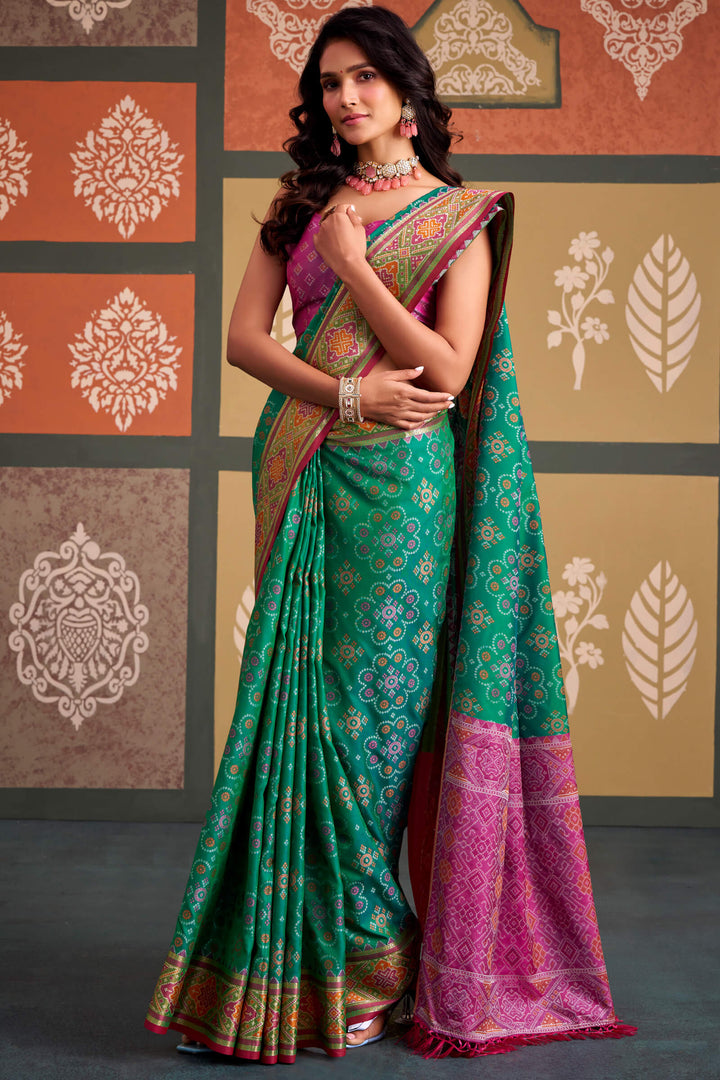 Pine Green Soft Patola Silk Saree