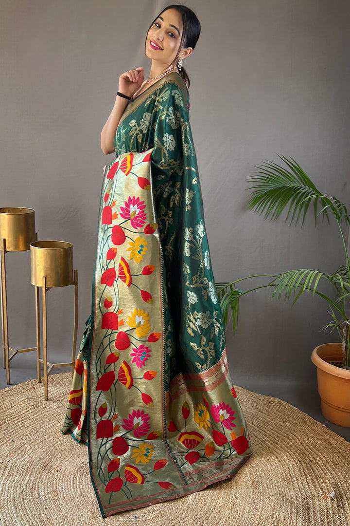 Pine Green Zari Woven Paithani Silk Saree