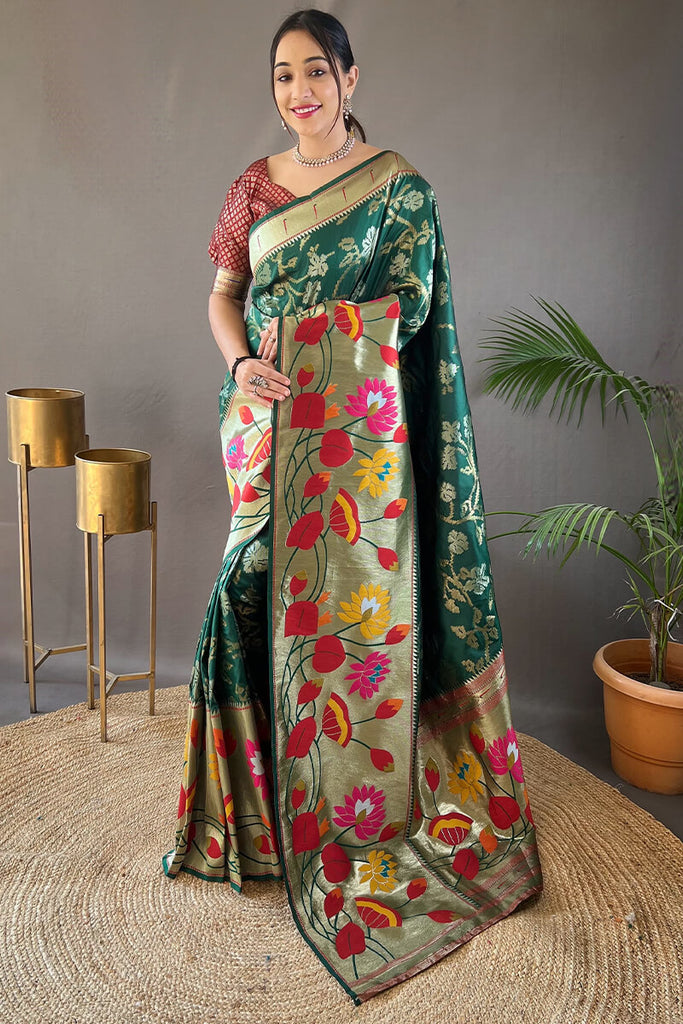 Pine Green Zari Woven Paithani Silk Saree