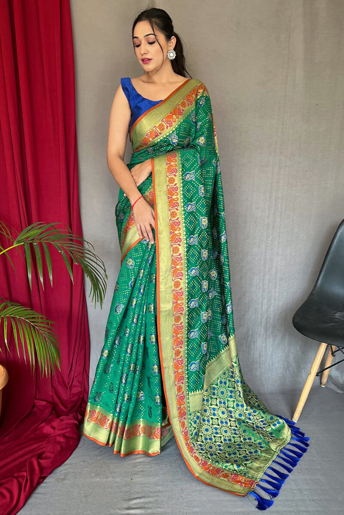 Pine Green Zari Woven Patola Silk Saree