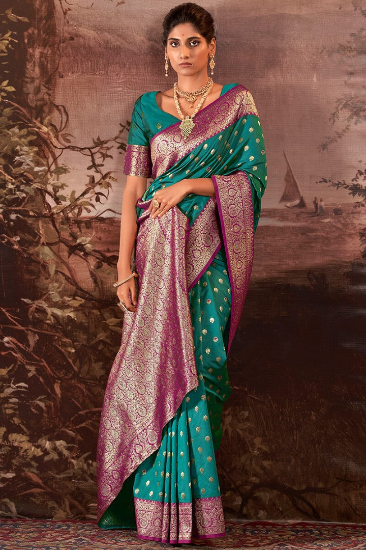 Pine Green Zari Woven Soft Banarasi Silk Saree