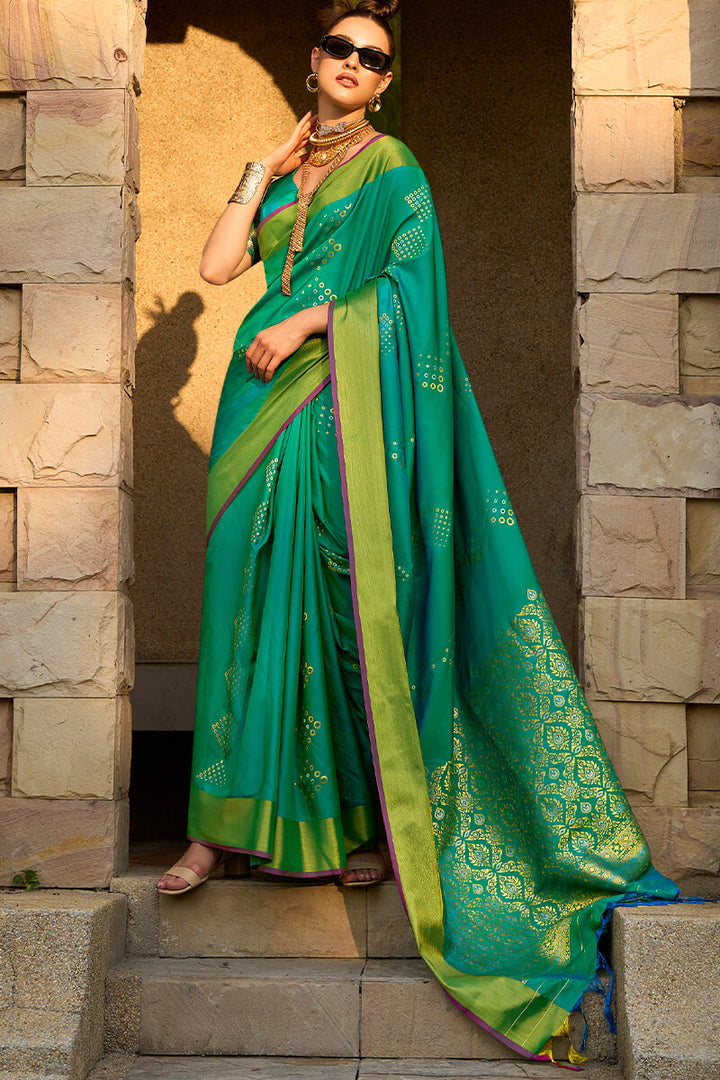 Pine Green Zari Woven Soft Silk Saree