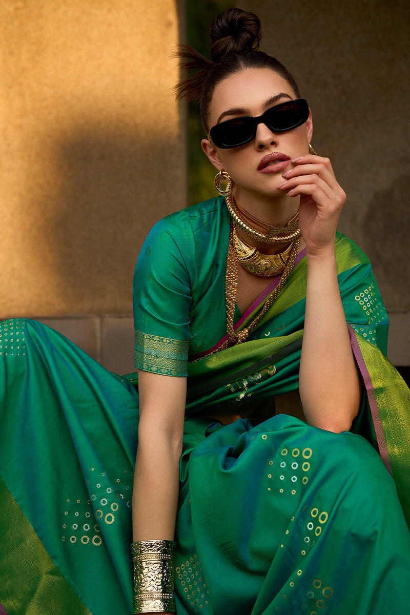 Pine Green Zari Woven Soft Silk Saree