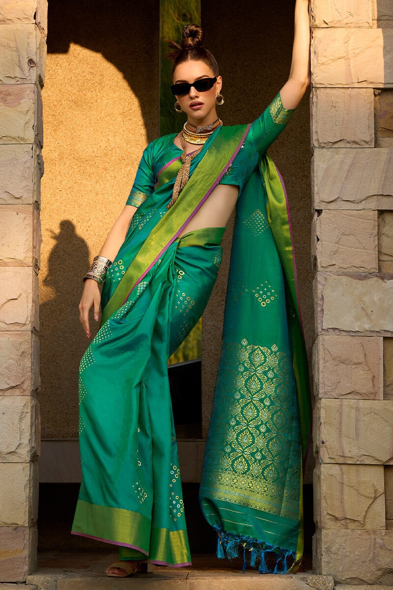 Pine Green Zari Woven Soft Silk Saree