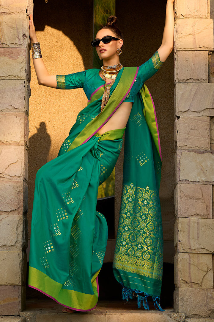 Pine Green Zari Woven Soft Silk Saree