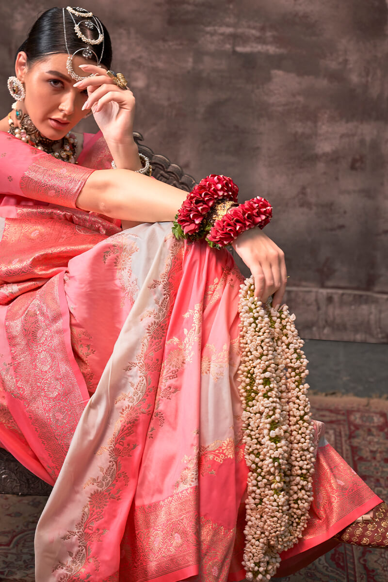 Pink and Beige Handloom Banarasi Silk Saree