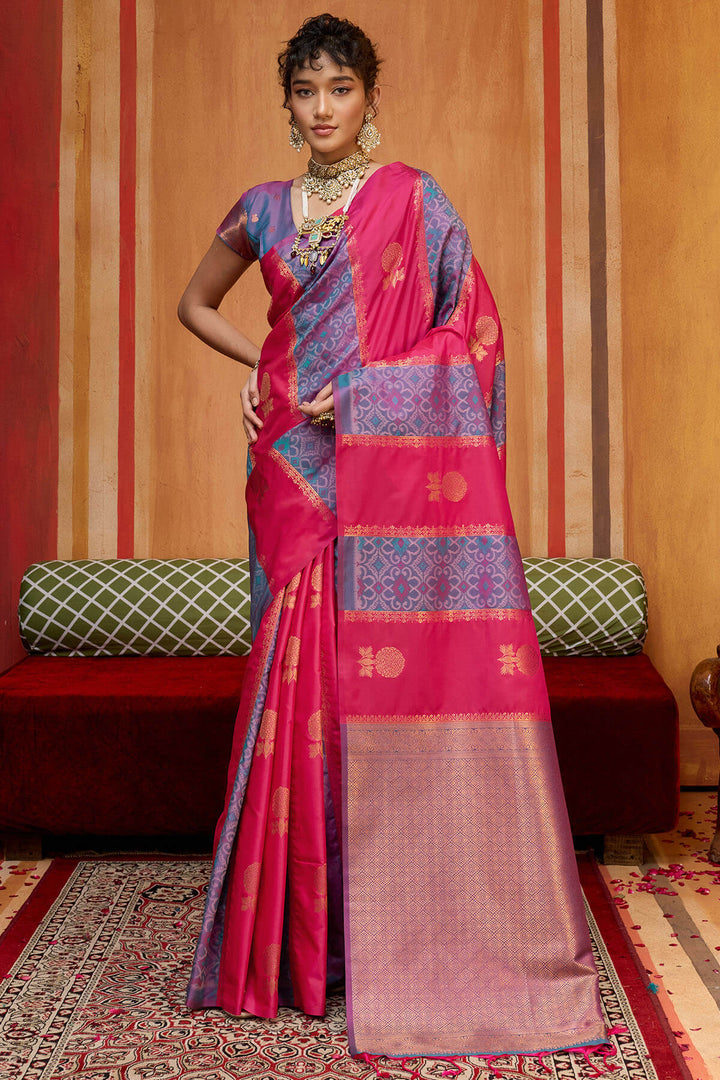 Pink and Blue Zari Handloom Soft Banarasi Silk Saree