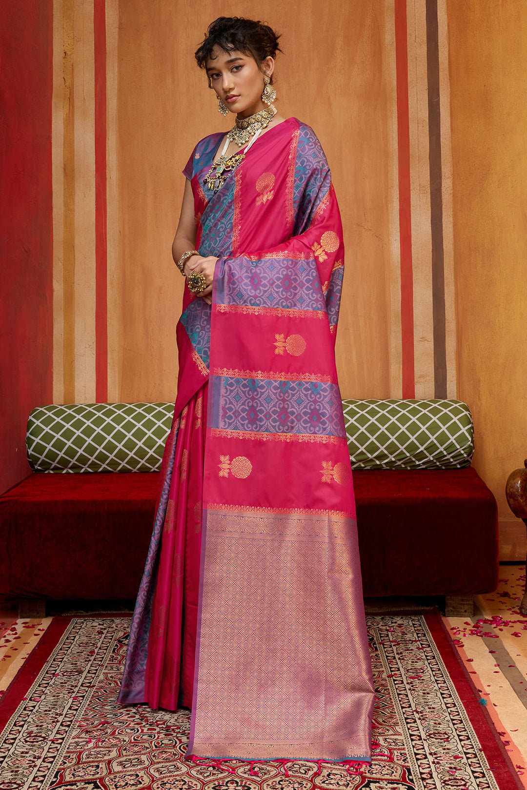 Pink and Blue Zari Handloom Soft Banarasi Silk Saree