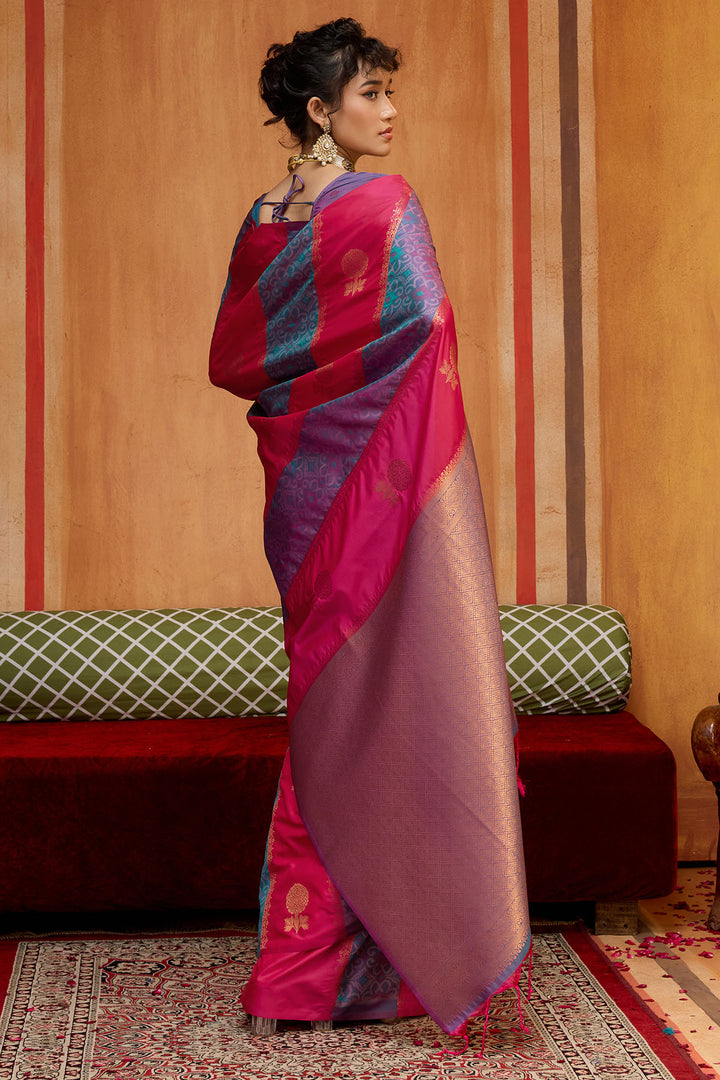 Pink and Blue Zari Handloom Soft Banarasi Silk Saree