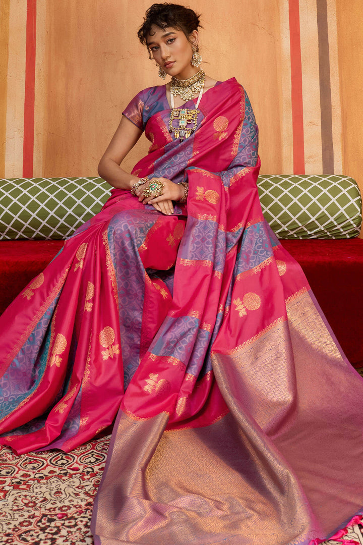 Pink and Blue Zari Handloom Soft Banarasi Silk Saree