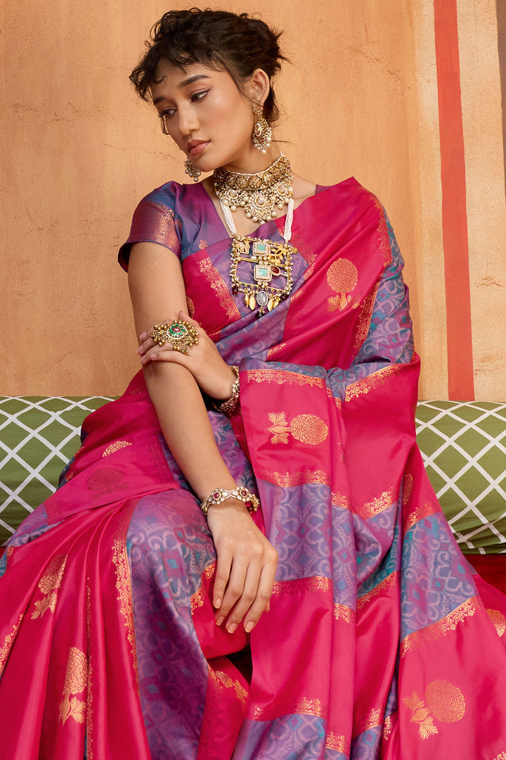 Pink and Blue Zari Handloom Soft Banarasi Silk Saree