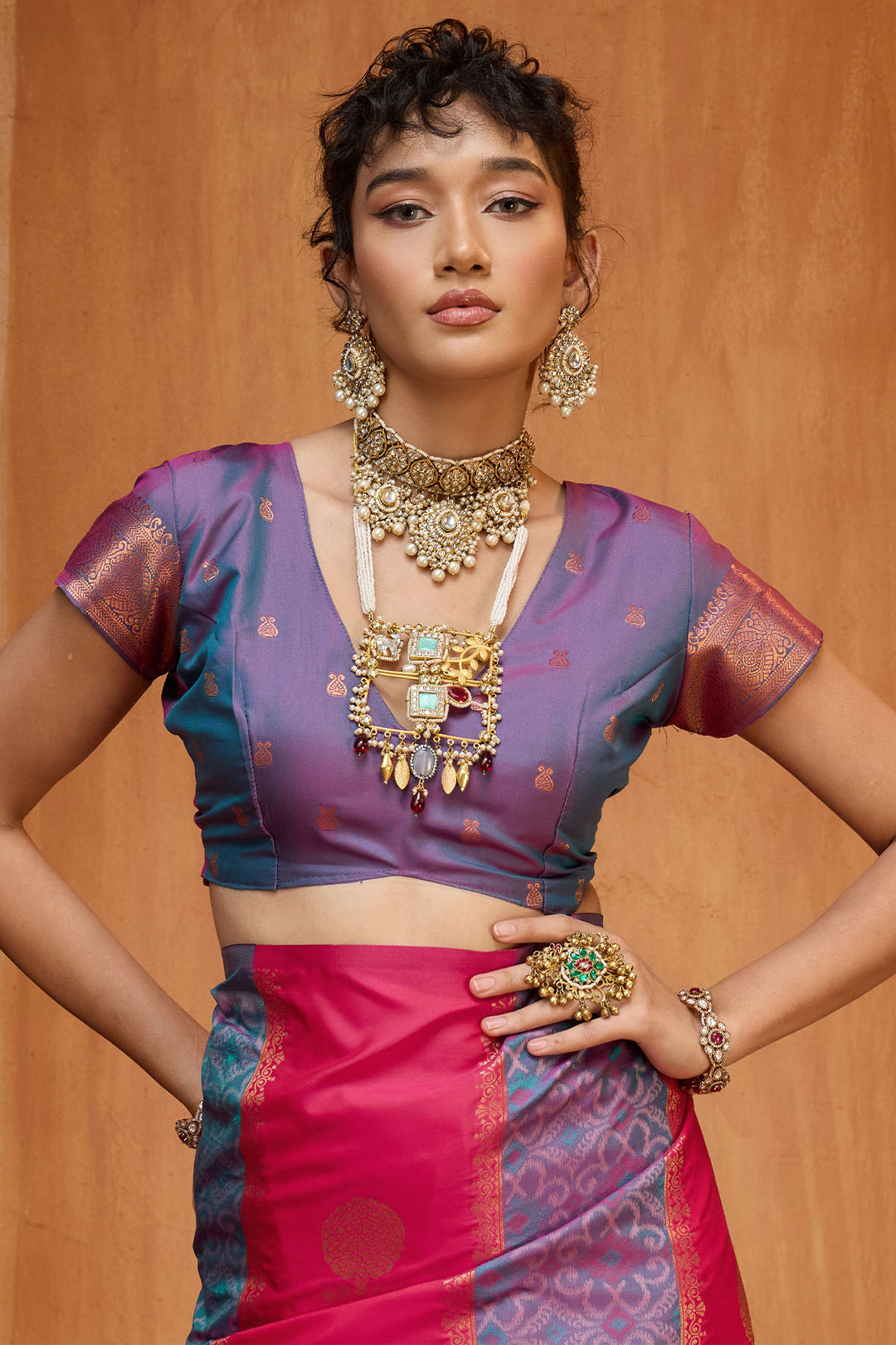 Pink and Blue Zari Handloom Soft Banarasi Silk Saree