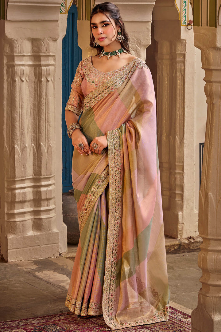 Pink and Grey Hand Work Viscose Saree with Stiched Blouse