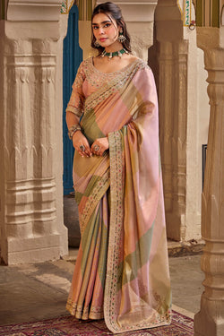 Pink and Grey Hand Work Viscose Saree with Stiched Blouse