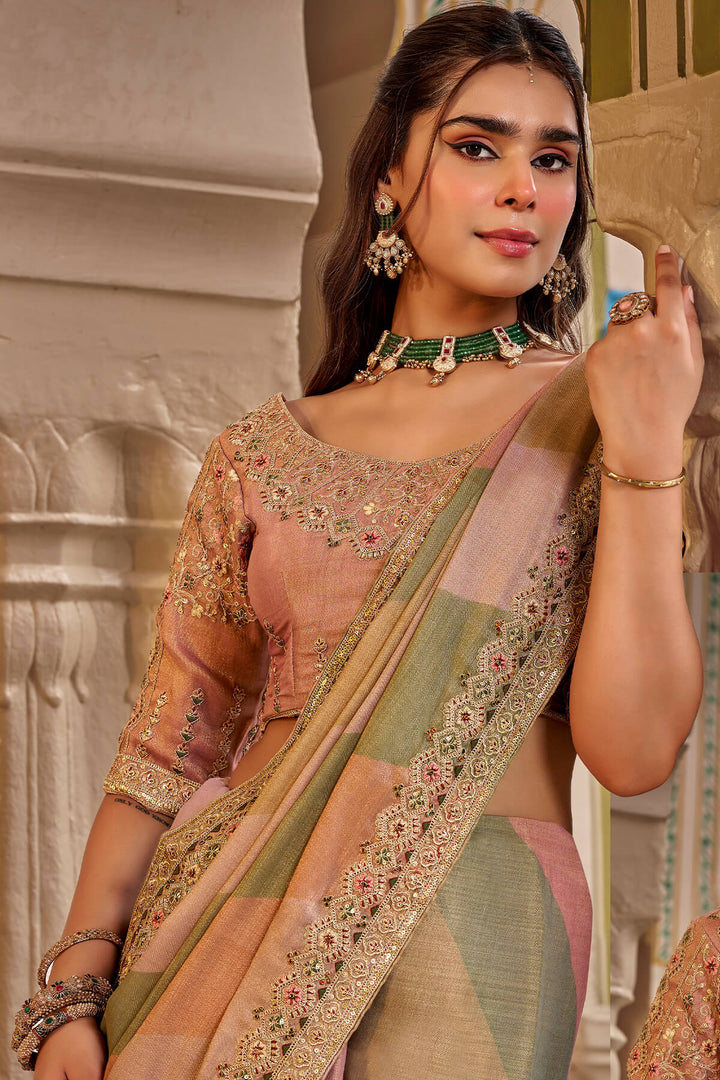 Pink and Grey Hand Work Viscose Saree with Stiched Blouse