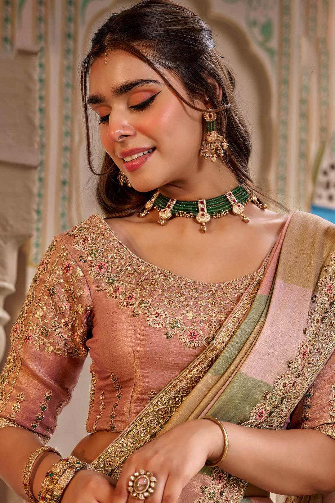 Pink and Grey Hand Work Viscose Saree with Stiched Blouse