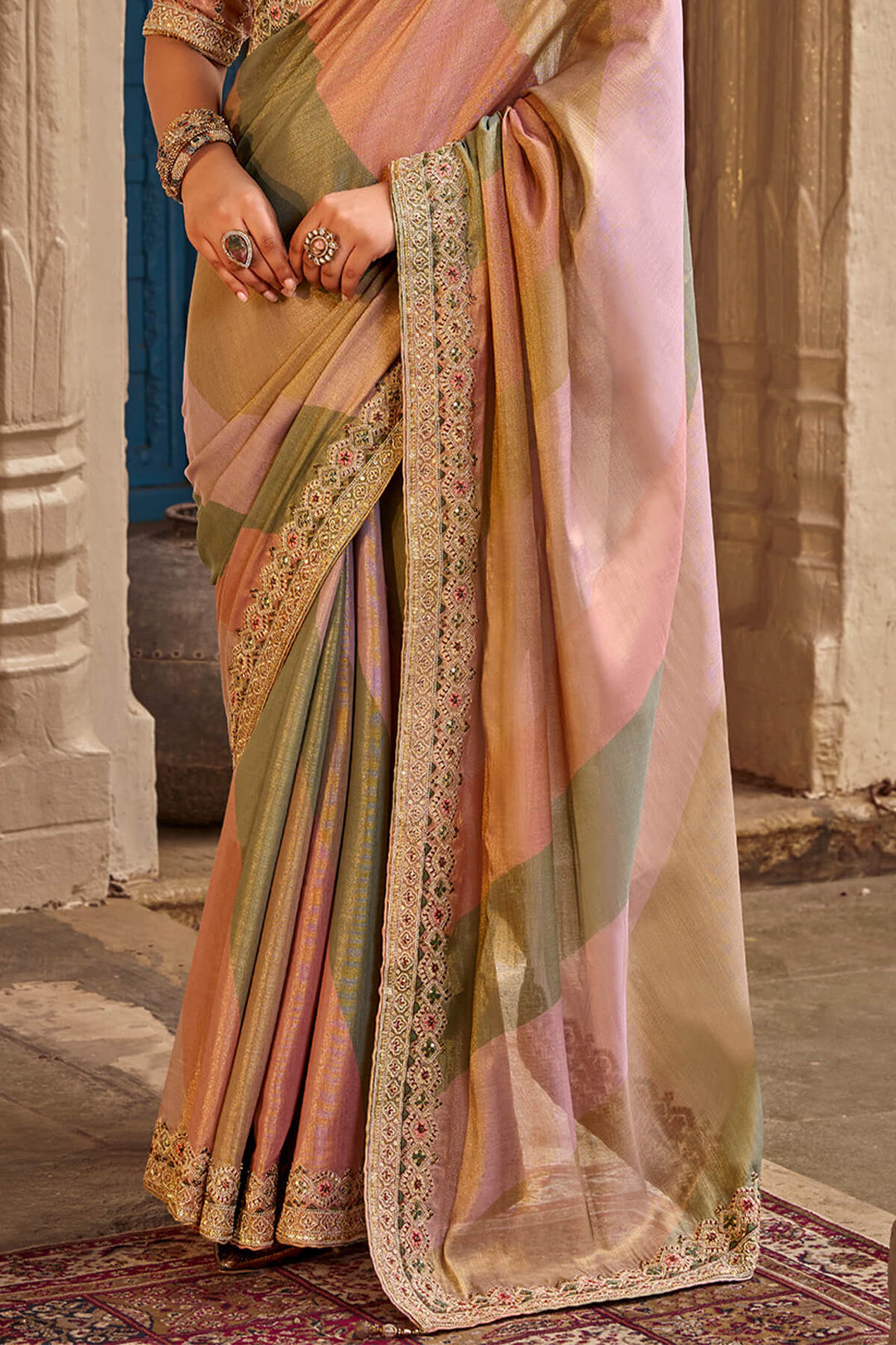 Pink and Grey Hand Work Viscose Saree with Stiched Blouse