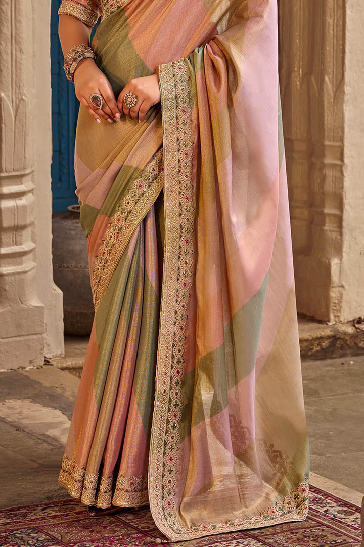 Pink and Grey Hand Work Viscose Saree with Stiched Blouse