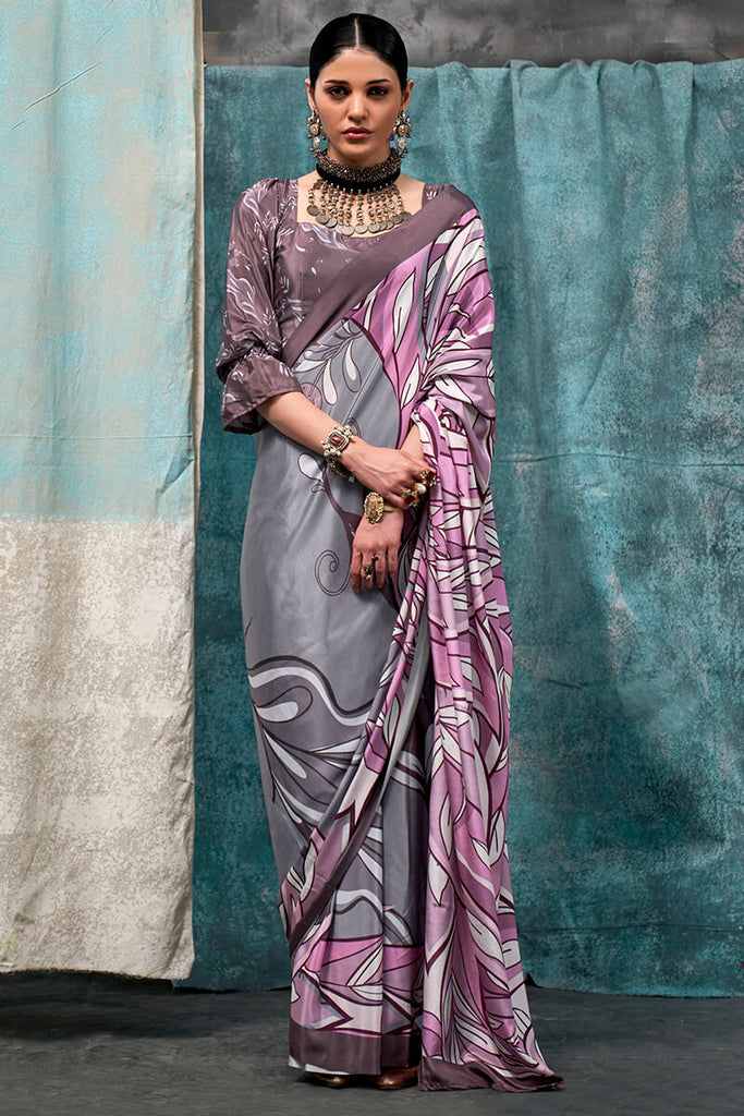 Pink and Grey Printed Crape Silk Saree