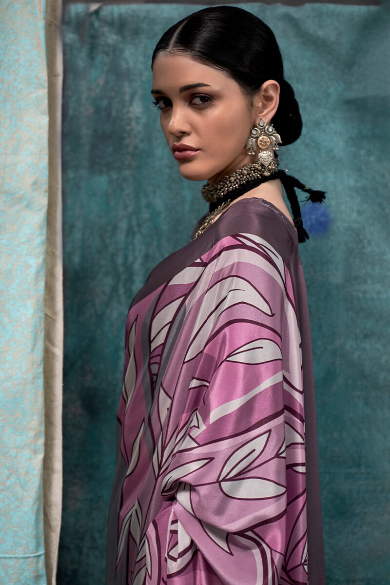 Pink and Grey Printed Crape Silk Saree