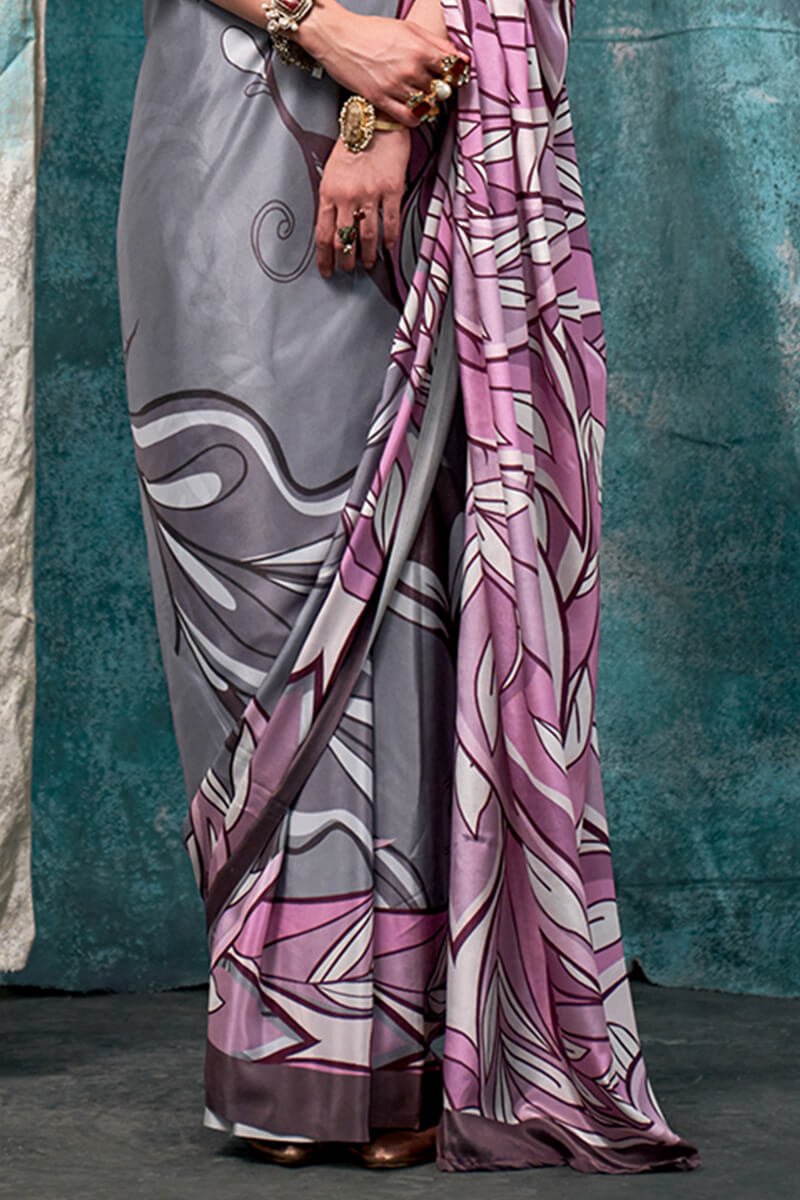 Pink and Grey Printed Crape Silk Saree