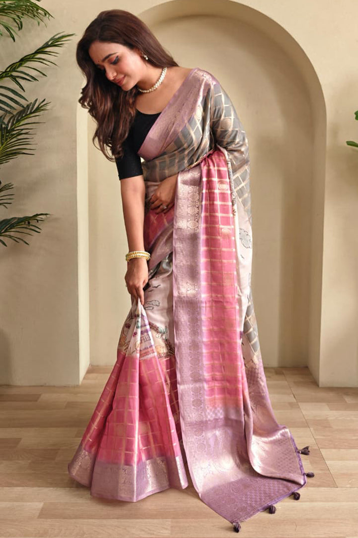 Pink and Grey Printed Zari Woven Georgette Silk Saree