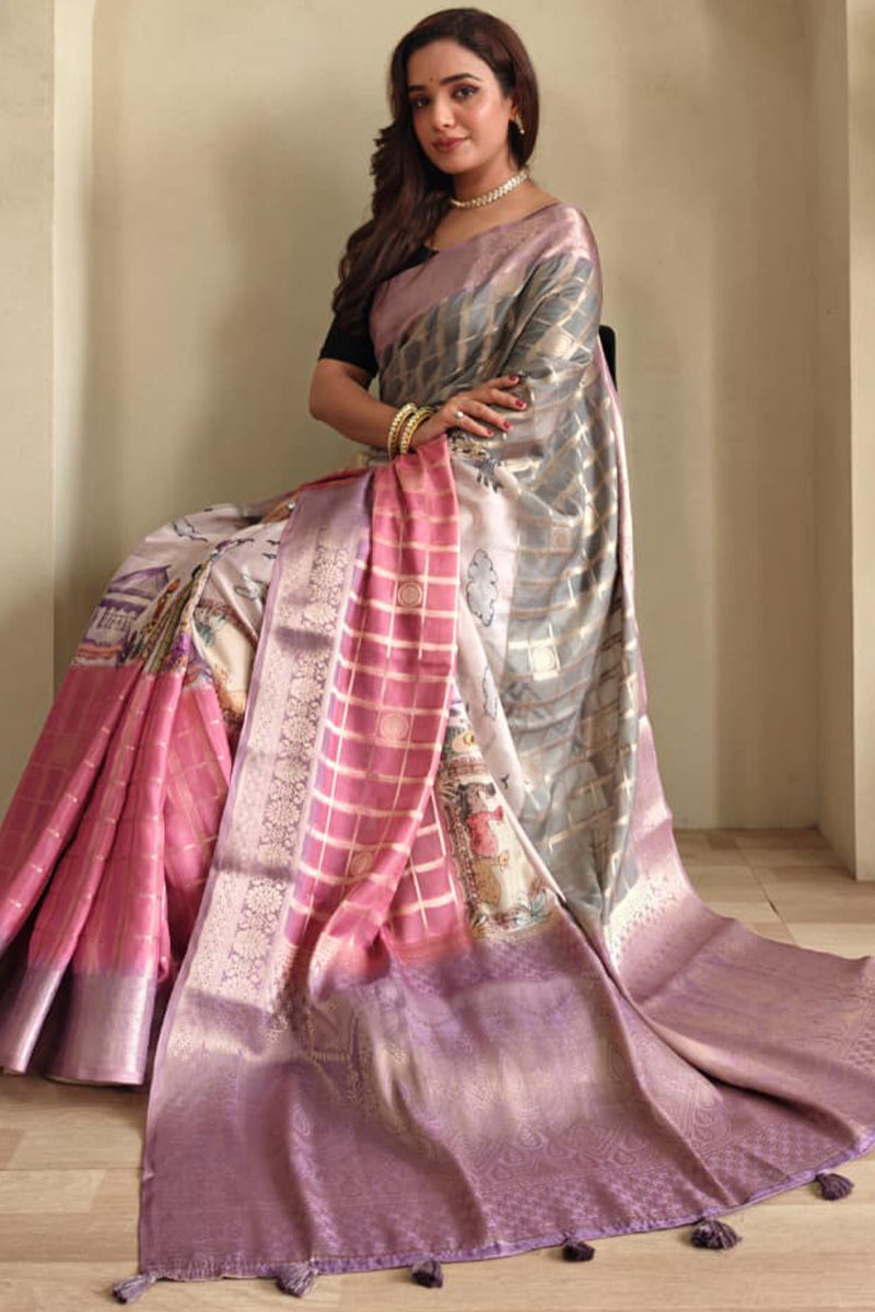 Pink and Grey Printed Zari Woven Georgette Silk Saree