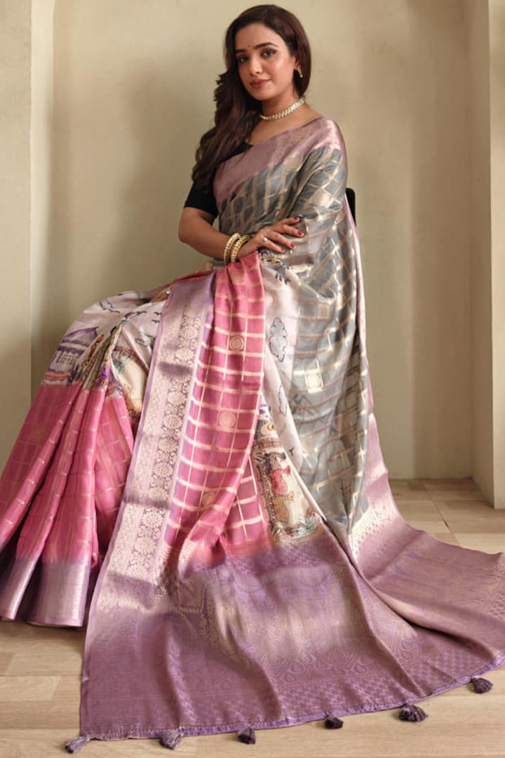Pink and Grey Printed Zari Woven Georgette Silk Saree