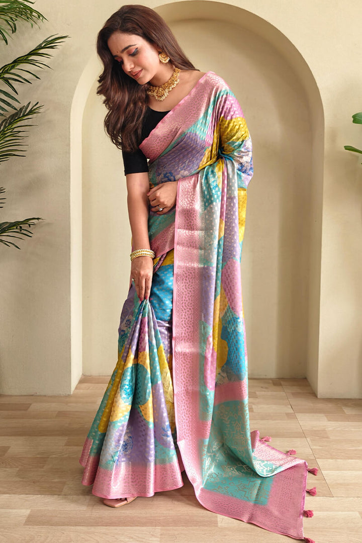 Pink and Multi Color Printed Georgette Woven saree