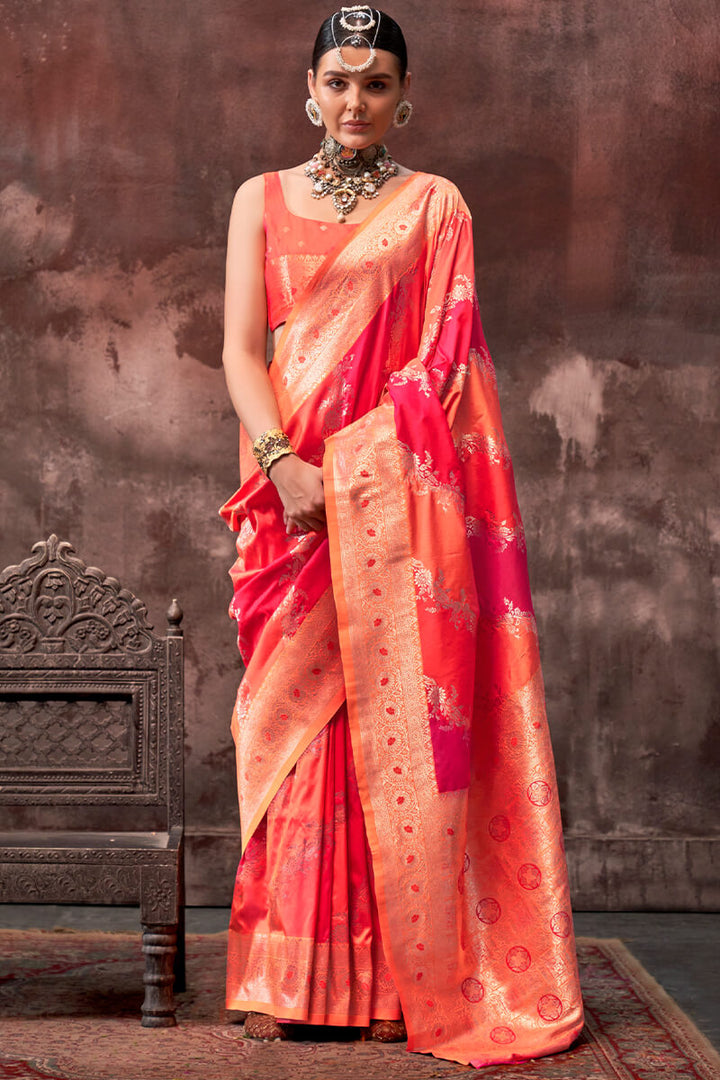 Pink and Orange Handloom Banarasi Silk Saree