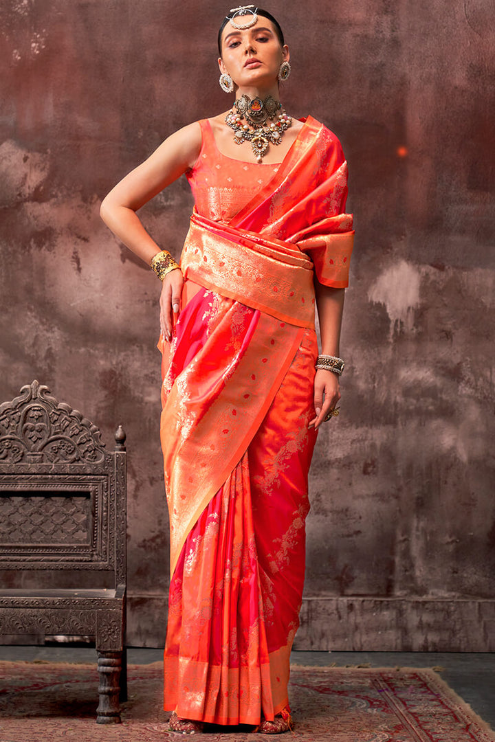 Pink and Orange Handloom Banarasi Silk Saree