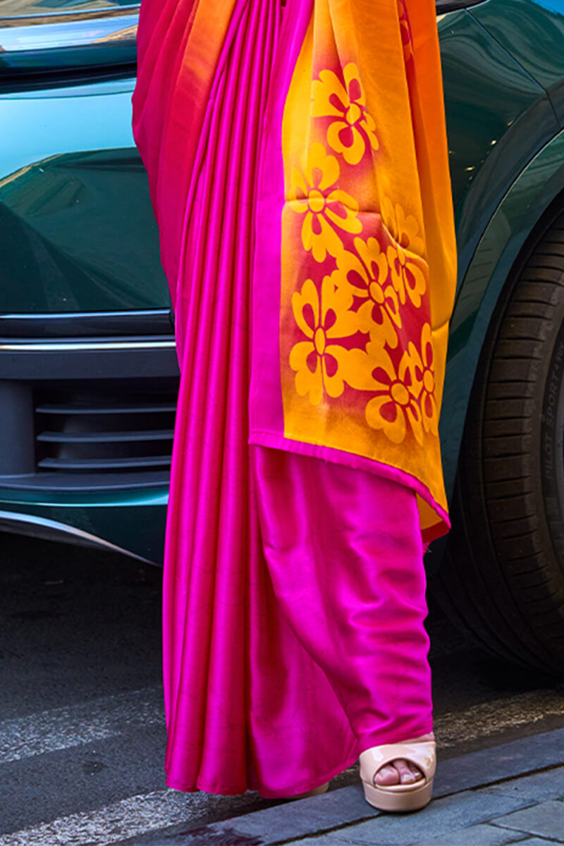 Pink and Orange Printed Satin Silk Saree