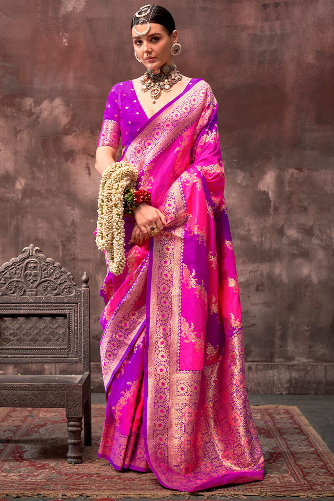 Pink and Purple Handloom Banarasi Silk Saree