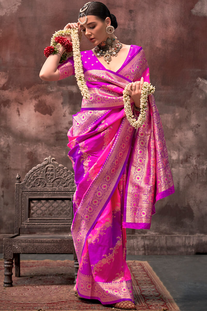 Pink and Purple Handloom Banarasi Silk Saree