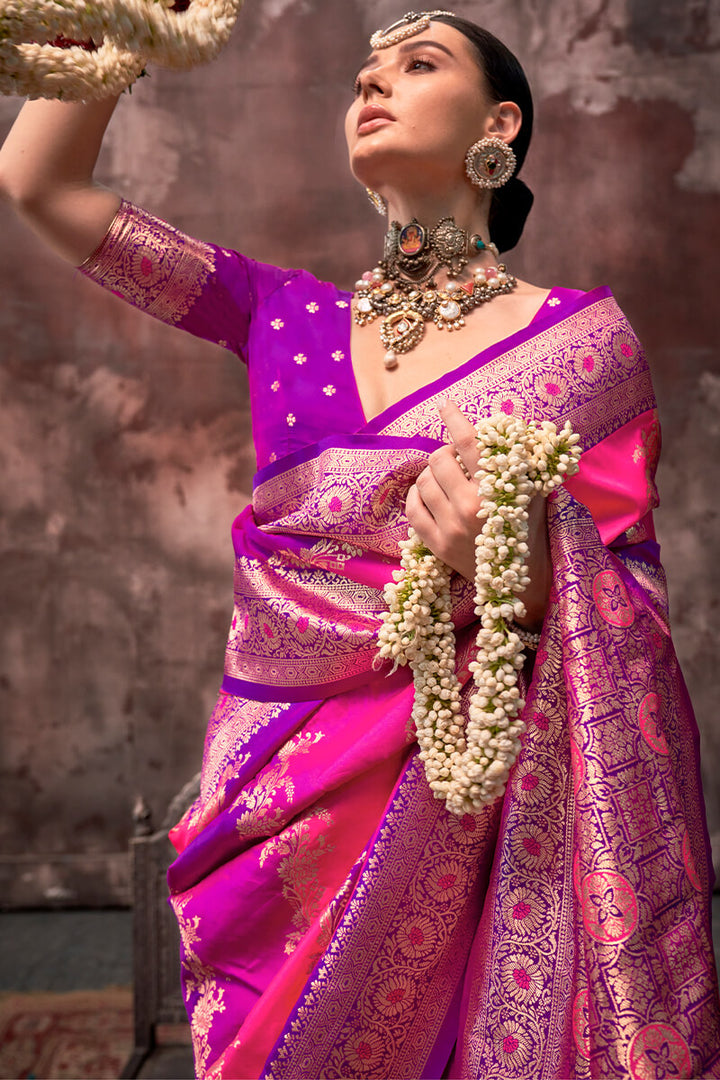 Pink and Purple Handloom Banarasi Silk Saree