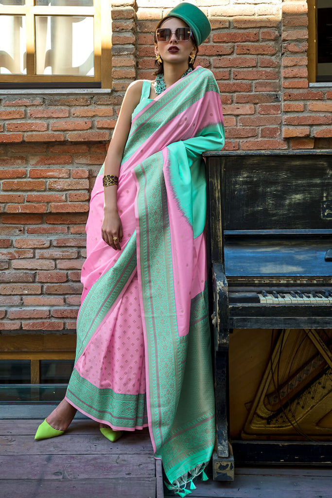 Pink and Sea Green Woven Soft Banarasi Silk Saree