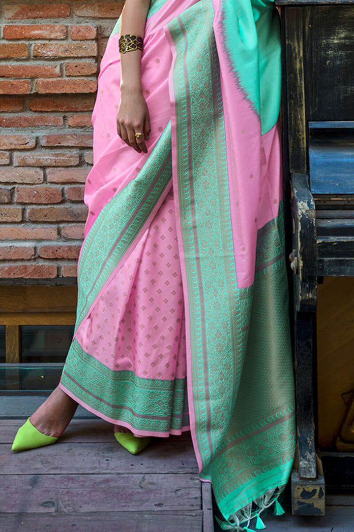 Pink and Sea Green Woven Soft Banarasi Silk Saree