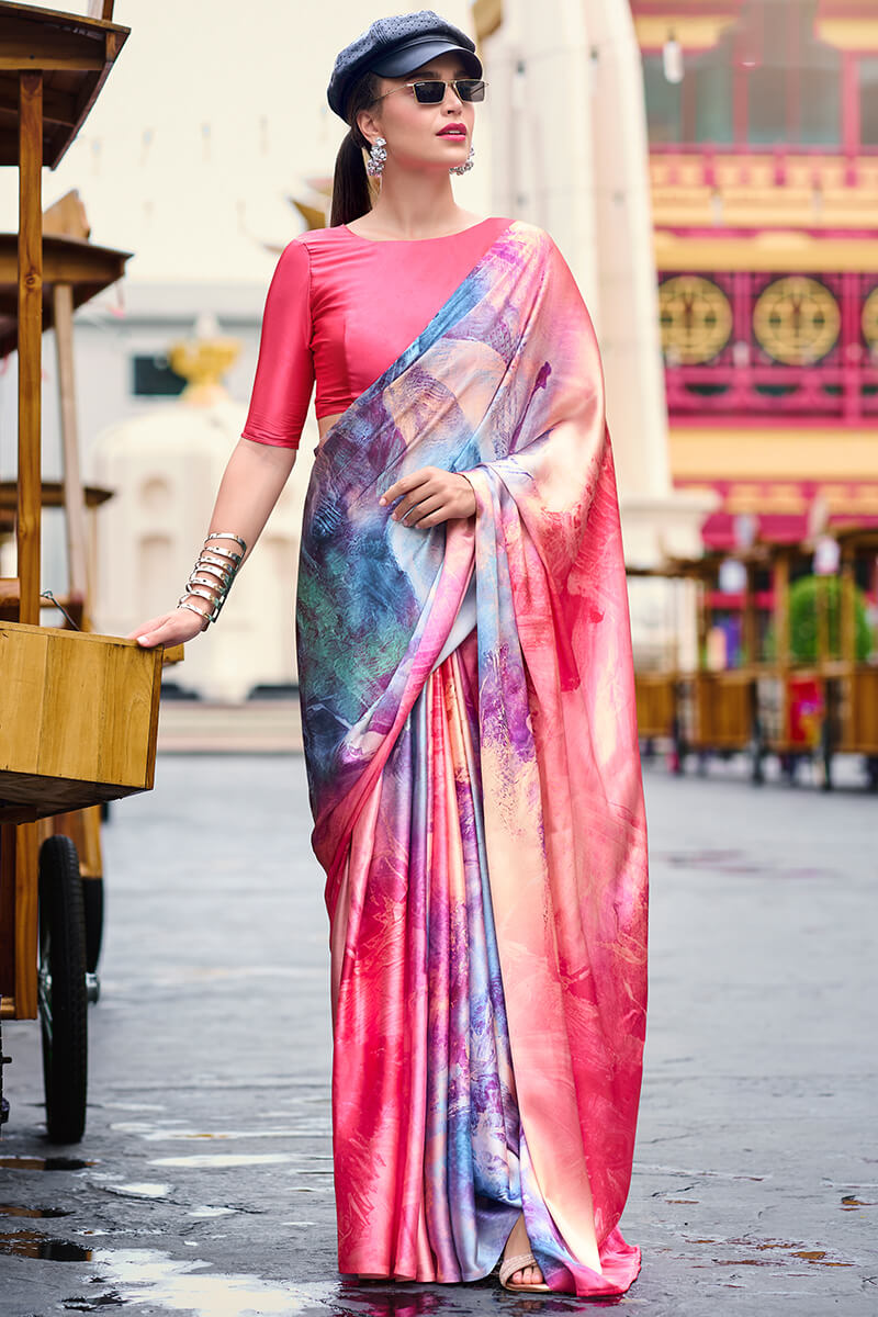 Pink and Sky Printed Satin Crepe Silk Saree