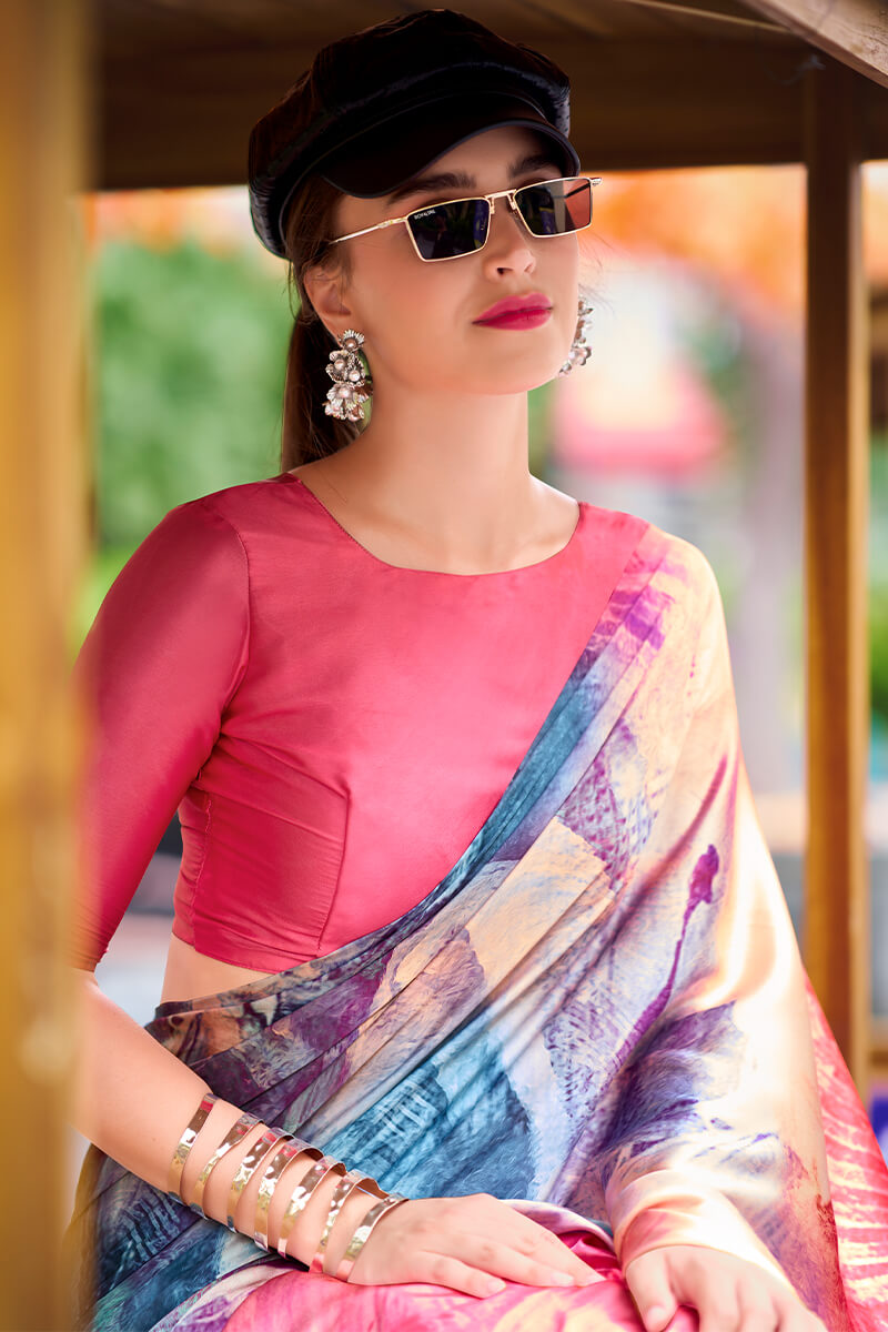 Pink and Sky Printed Satin Crepe Silk Saree