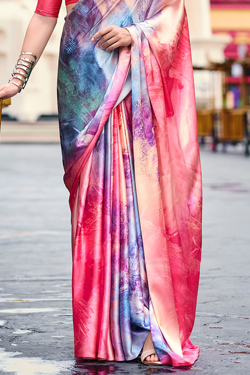 Pink and Sky Printed Satin Crepe Silk Saree